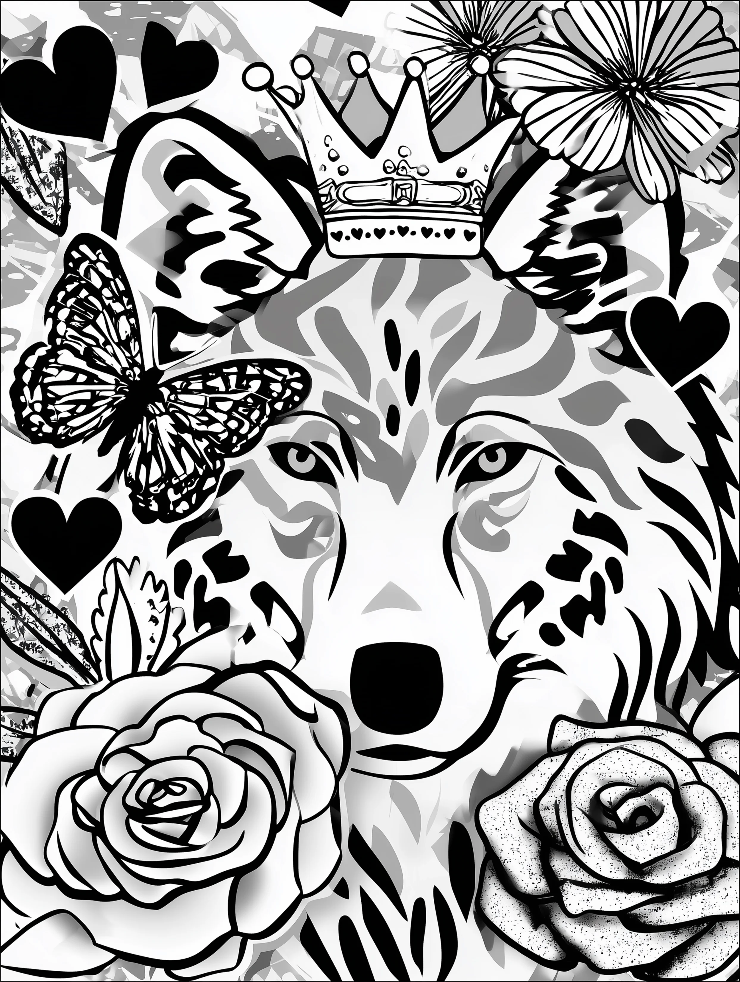 Free printable wolf coloring page for adults featuring a crowned wolf